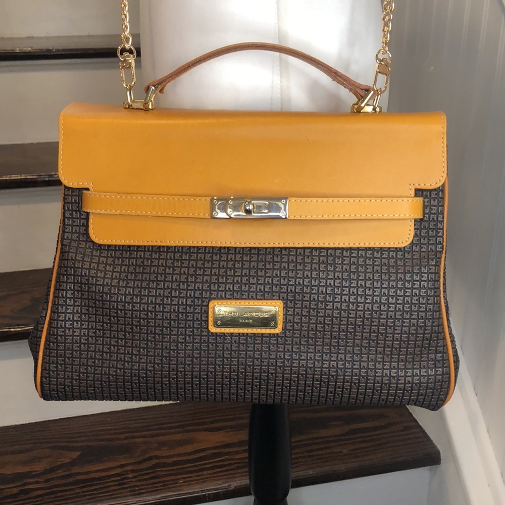 TED LAPIDUS Caramel Leather Top Handle & Monogram Logo Vinyl Crossbody Satchel - Picture 13 of 16